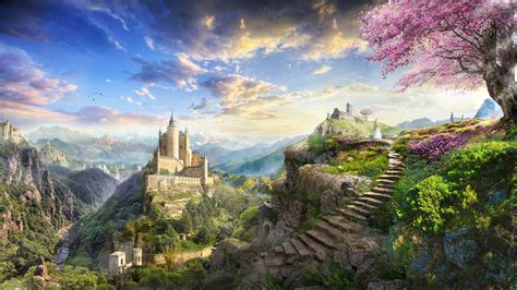 A fantasy landscape print featuring dragons