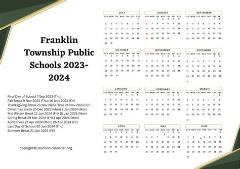 Franklin Township Calendar Templates