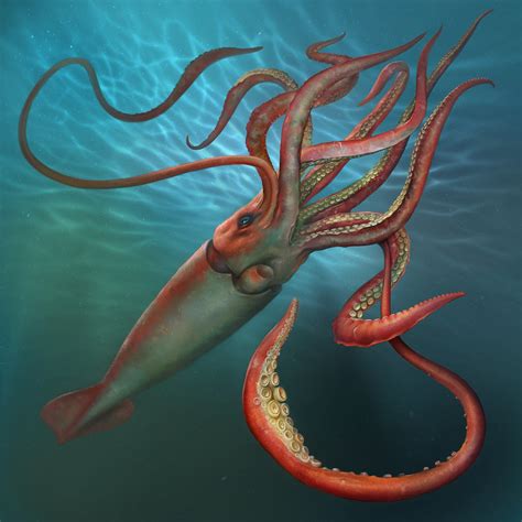 A picture of a giant squid, with a school of fish swimming in the background