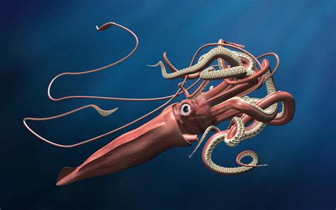 A giant squid swimming in the deep sea