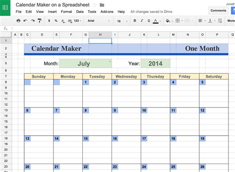 Google Sheets Calendar Template Example