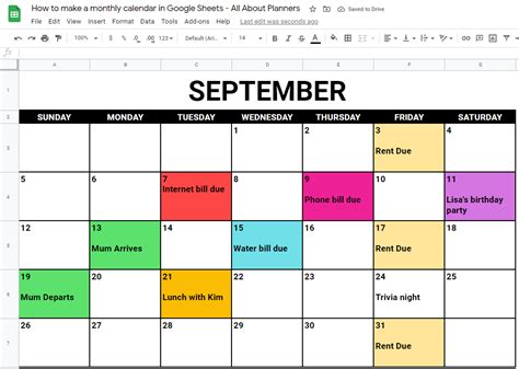 Google Sheets Calendar Template Organization