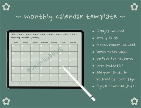 Green monthly calendar template