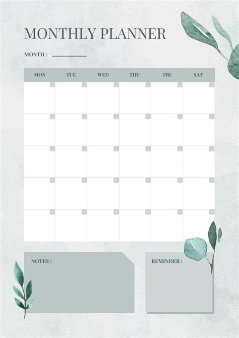 Green monthly calendar with notes