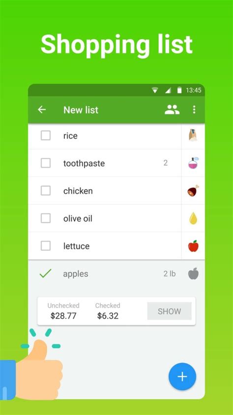 Grocery list app on a tablet