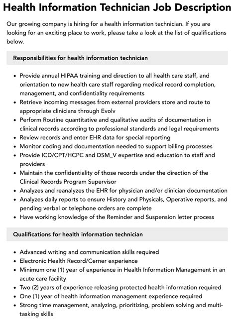 Medical Health Records Technician Job Description