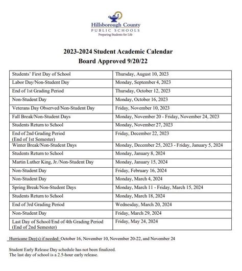 Hillsborough Schools Day Off Calendar Key Dates