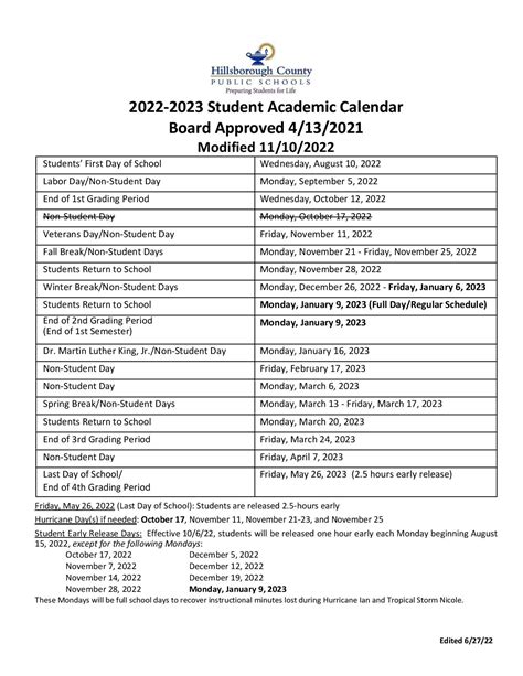 Hillsborough Schools Day Off Calendar Overview