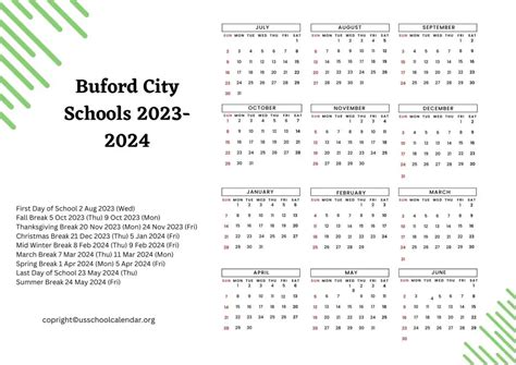 Holiday Calendar for Buford City Schools