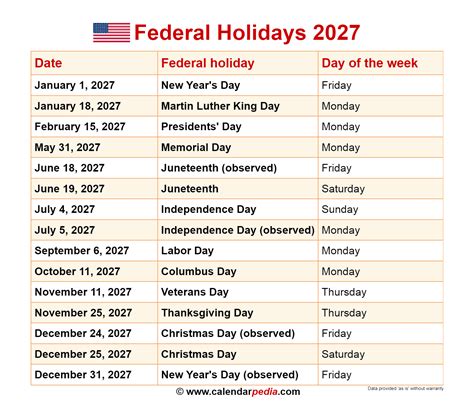 Holidays 2027