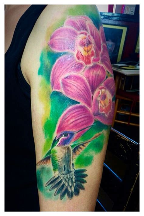 Hummingbird and Orchid Tattoo