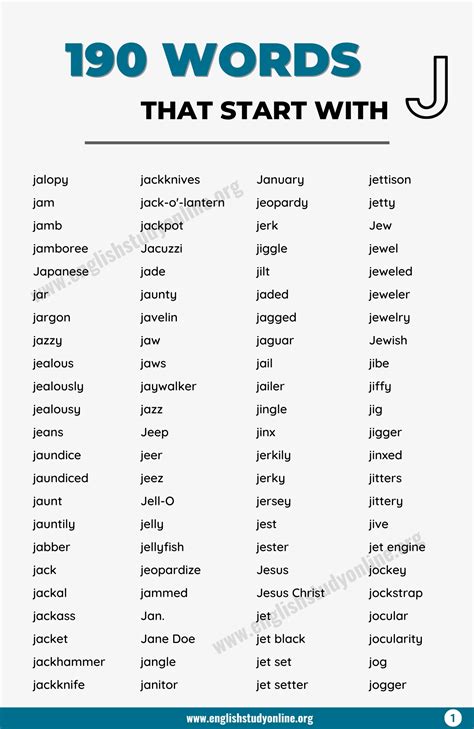 J Words List Alphabetical