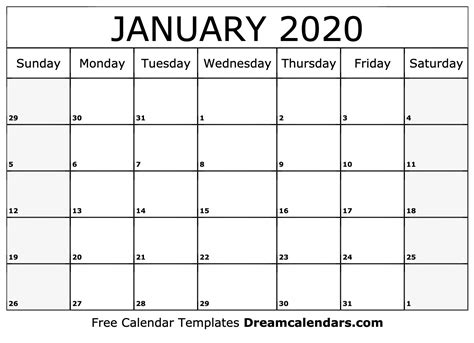 January 20, 2020 Calendar Layout