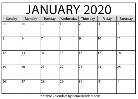 January 20, 2020 Calendar Printable