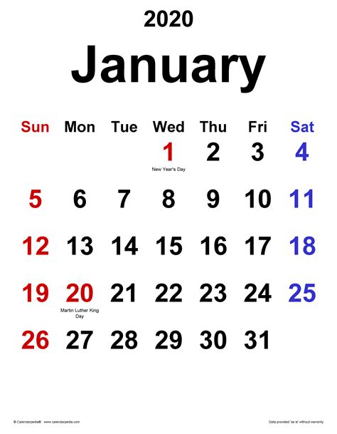 January 20, 2020 Calendar