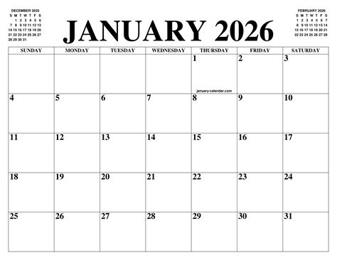 January 2026 calendar overview