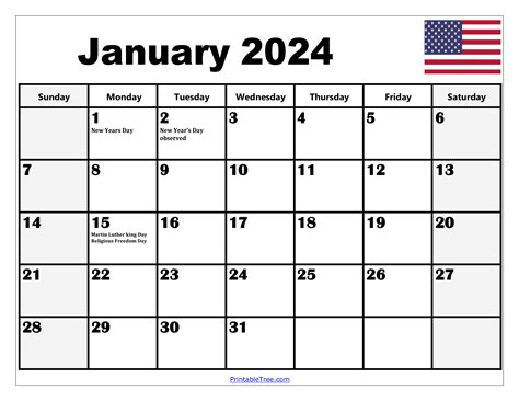 January Calendar with Holidays