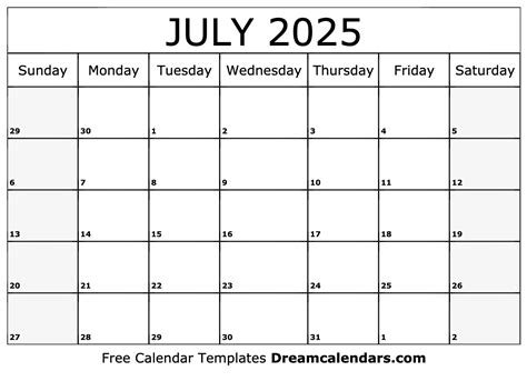 July 2025 Calendar Template Image