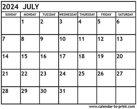 July calendar printable free download