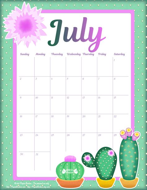 July printable calendar examples