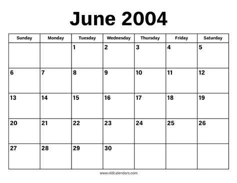 June 2004 Calendar Template