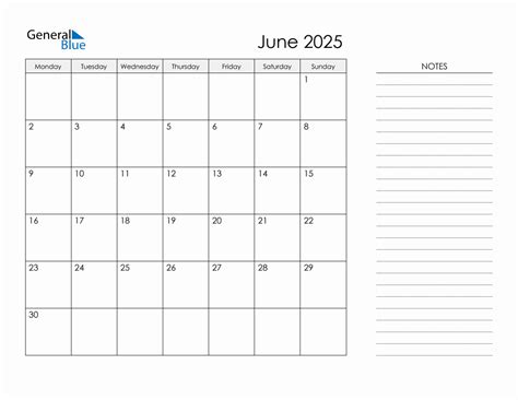 June 2025 calendars with notes