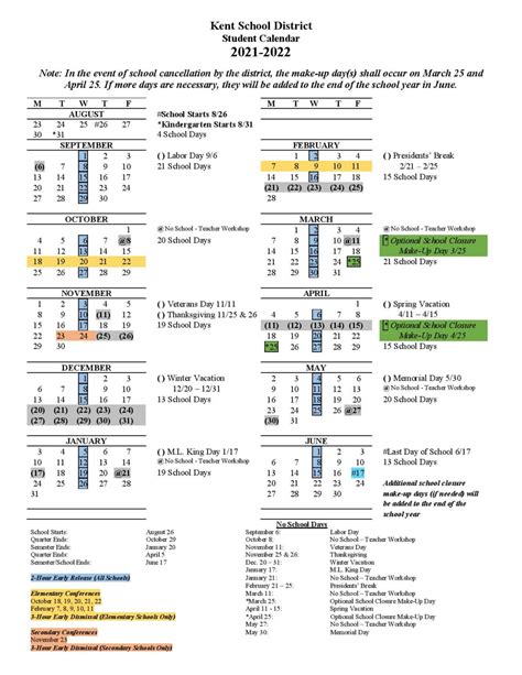 Key Features of the Kent School District Calendar