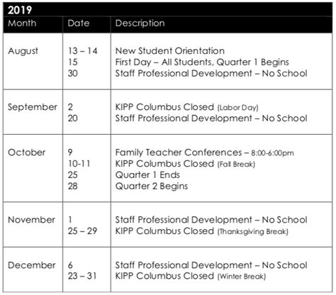 KIPP Calendar Template Word