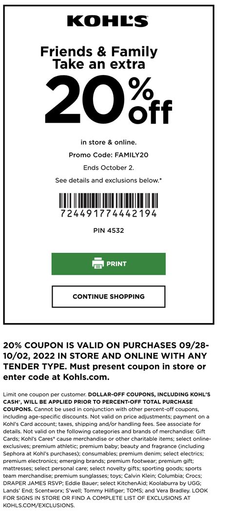 Kohls Printable Coupon Code Terms and Conditions