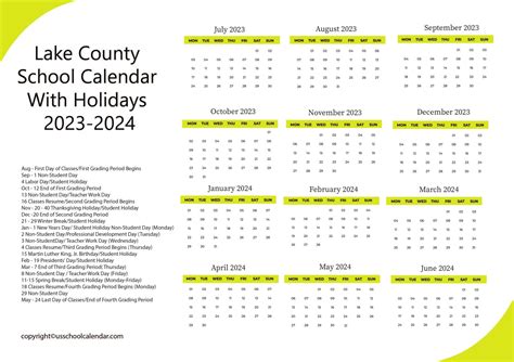 Lake County Schools Calendar Overview