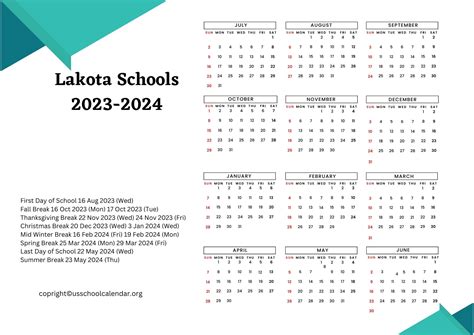 Lakota School Calendar Overview