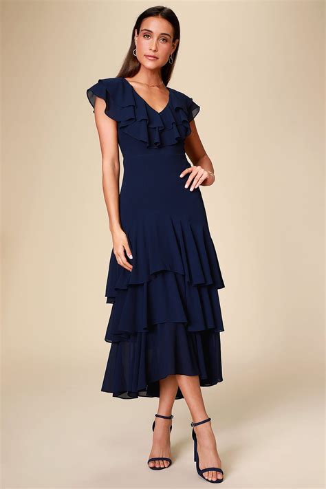 Description of Layered Midi Navy Dress