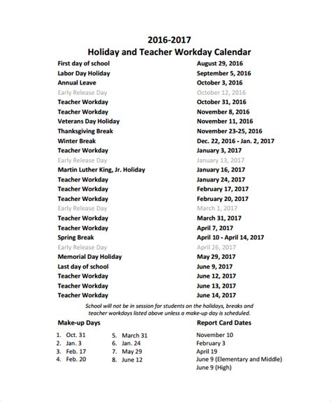 LCPS Holiday Teacher Calendar Dates