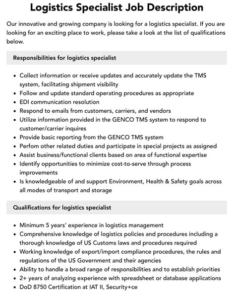 Logistics Specialist Roles