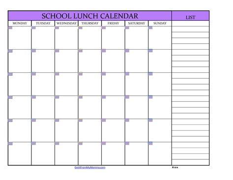 Lunch Calendars for Parents