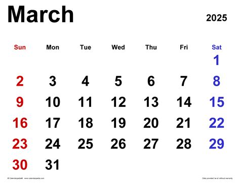 March 2025 Calendar Dates