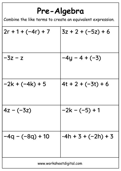 Algebra math worksheet