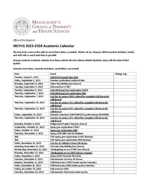 MCPHS Academic Calendar