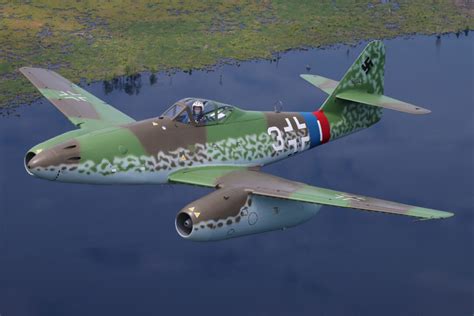 Me 262 in flight, showing its sleek fuselage and wings