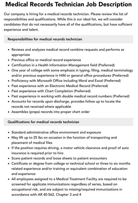 Medical Records Technician Job Description