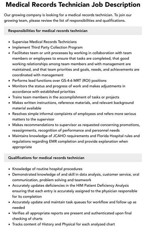 Medical Records Technician Job Duties