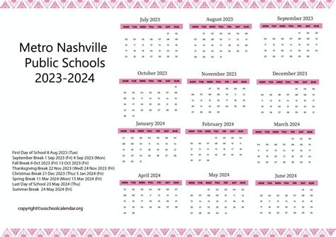 Metro Public Schools Calendar Templates