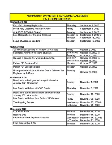 Monmouth University Calendar Structure