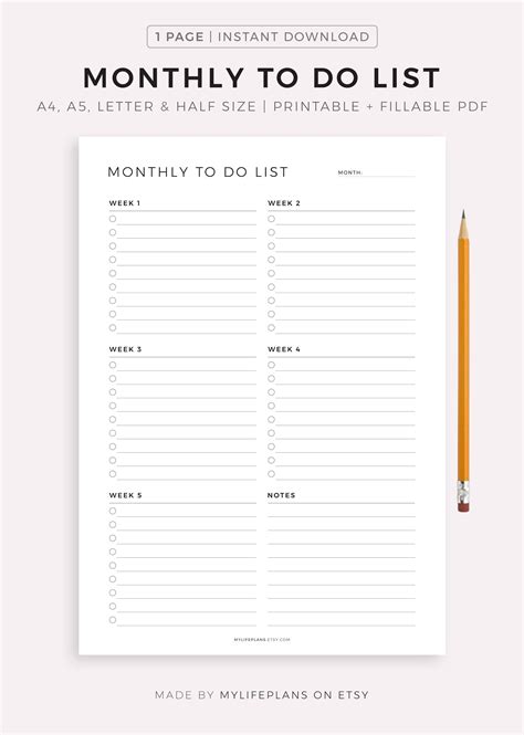 Monthly task list templates