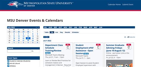 MSU Denver Calendar Deadlines