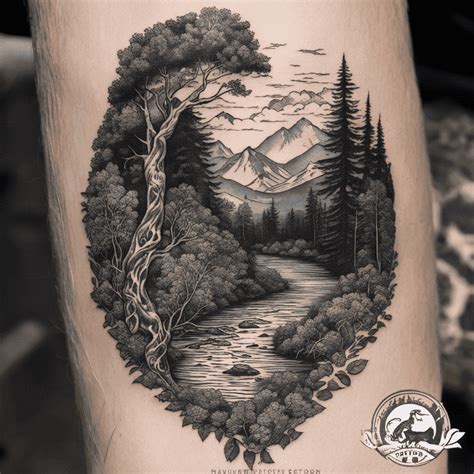 Nature scene tattoo on the thigh