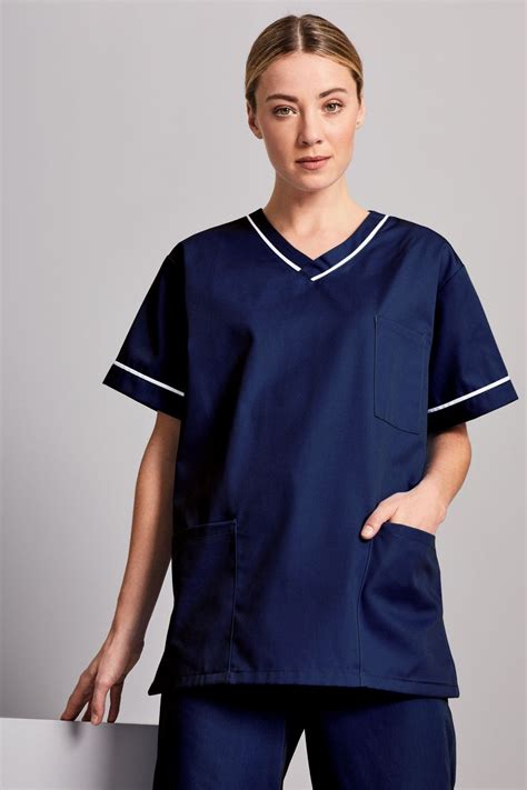 Navy blue scrubs with white top