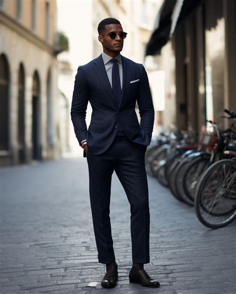 Navy blue suit and black shoes combination