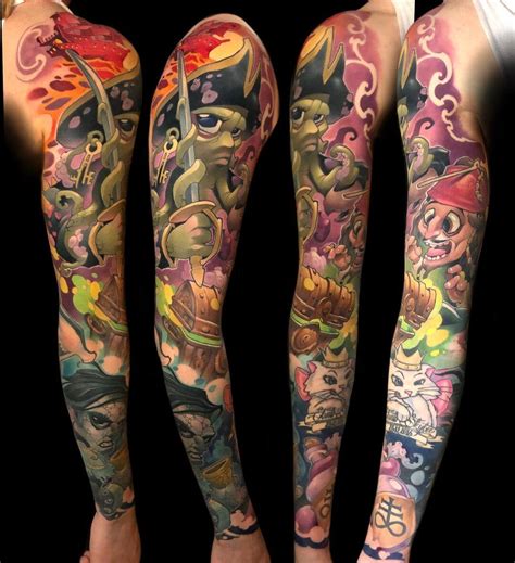 New school tattoo sleeve designs with bold colors and abstract shapes