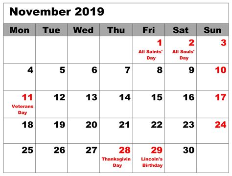 November Holiday Calendars